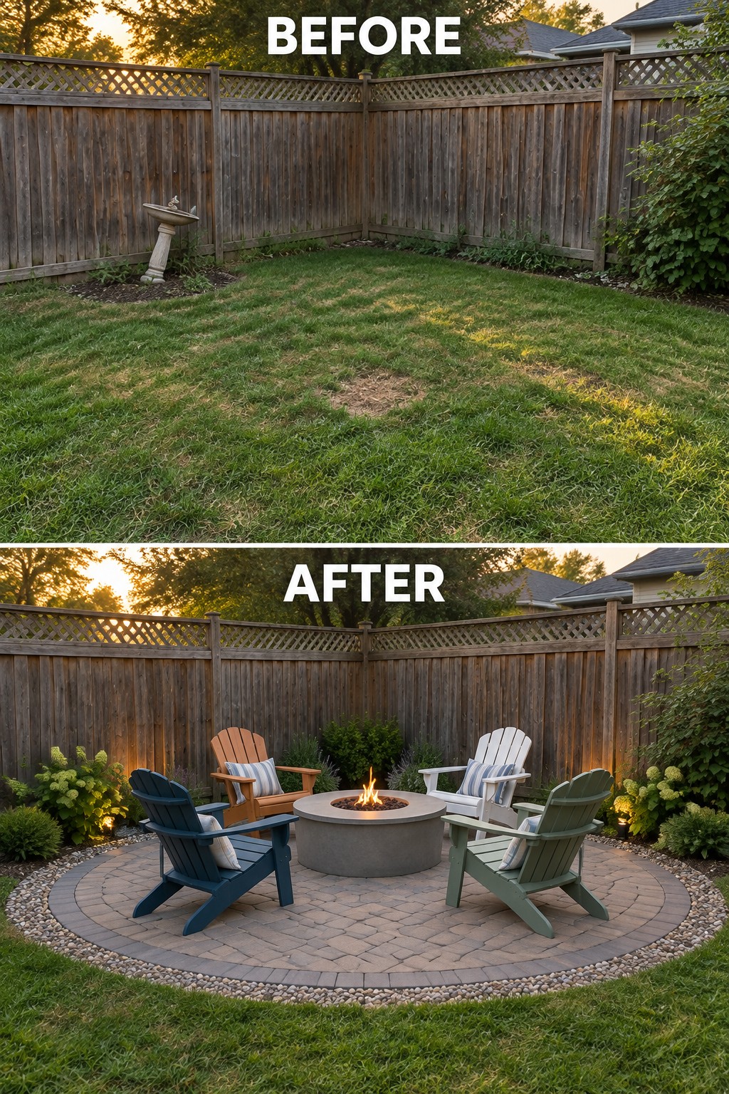 Before-and-after backyard renovation from empty lawn to patio with fire pit and chairs