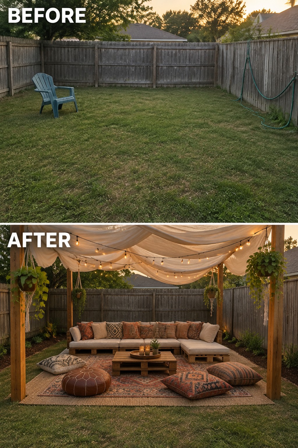 Before-and-after image of an empty backyard transformed into a covered outdoor seating area with a pergola, string lights, sectional sofa, and layered rugs.