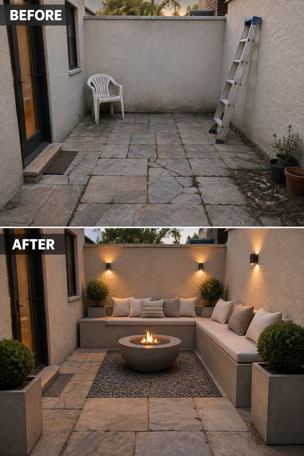 Before and after of stone patio transformed with built-in seating, fire pit, and lighting.