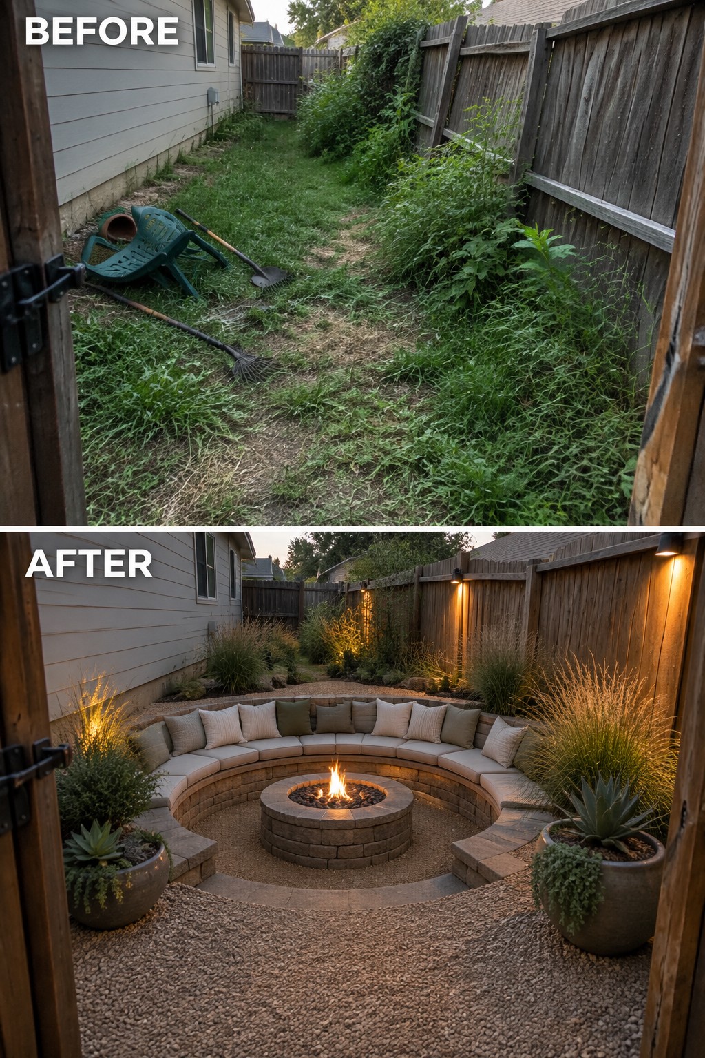 Before-and-after image of an overgrown backyard changed into a gravel seating area with a circular stone fire pit and built-in bench.