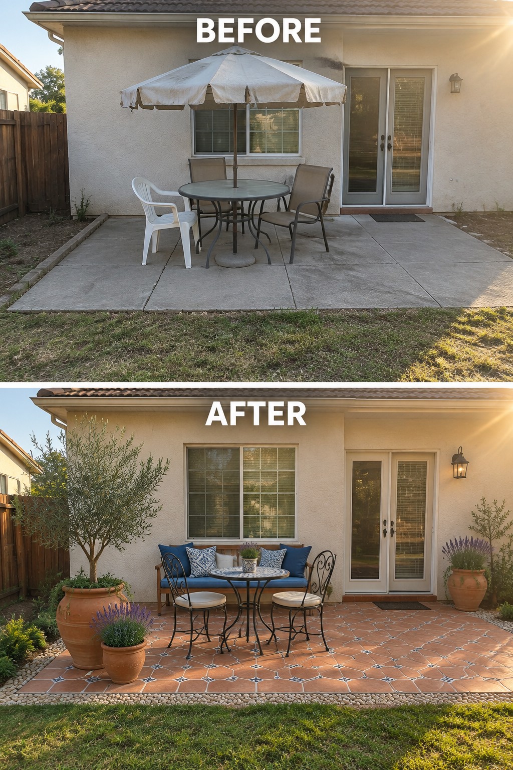 Before and after patio with concrete replaced by terracotta tiles, bench, and potted plants