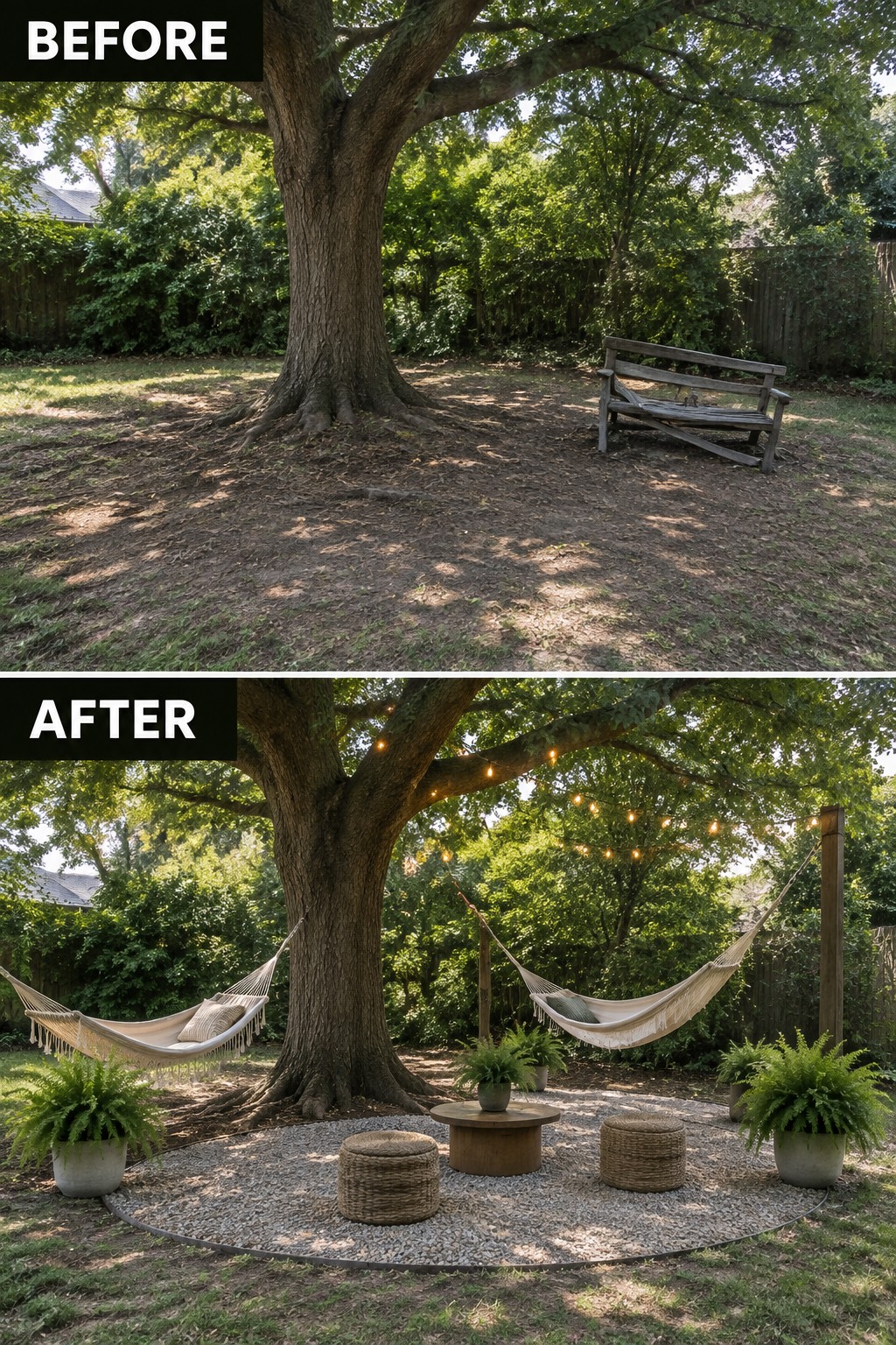 Before-and-after backyard transformation with tree, hammocks, string lights, and gravel seating area
