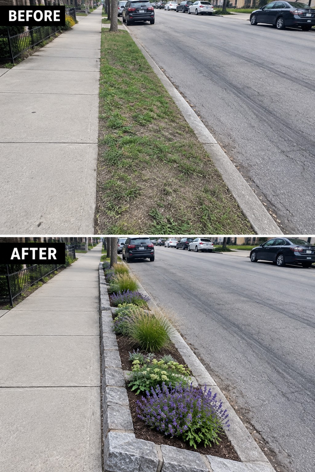Before and after of weedy grass strip transformed into colorful flower garden by sidewalk.