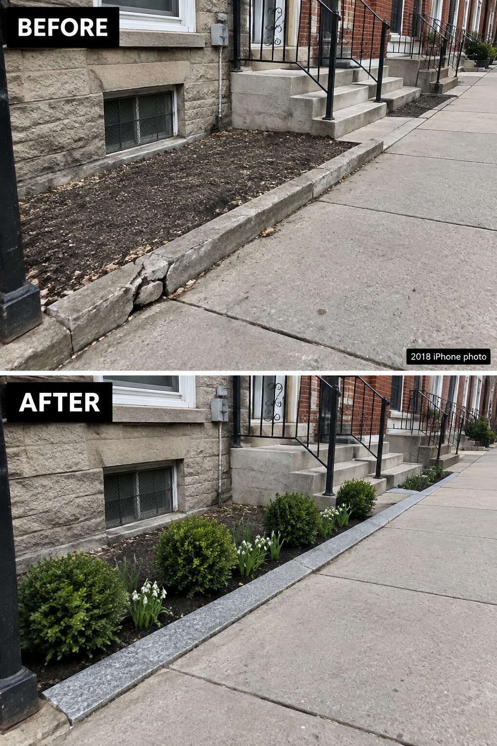 Before and after of cracked curb replaced by granite edging with new shrubs and flowers.