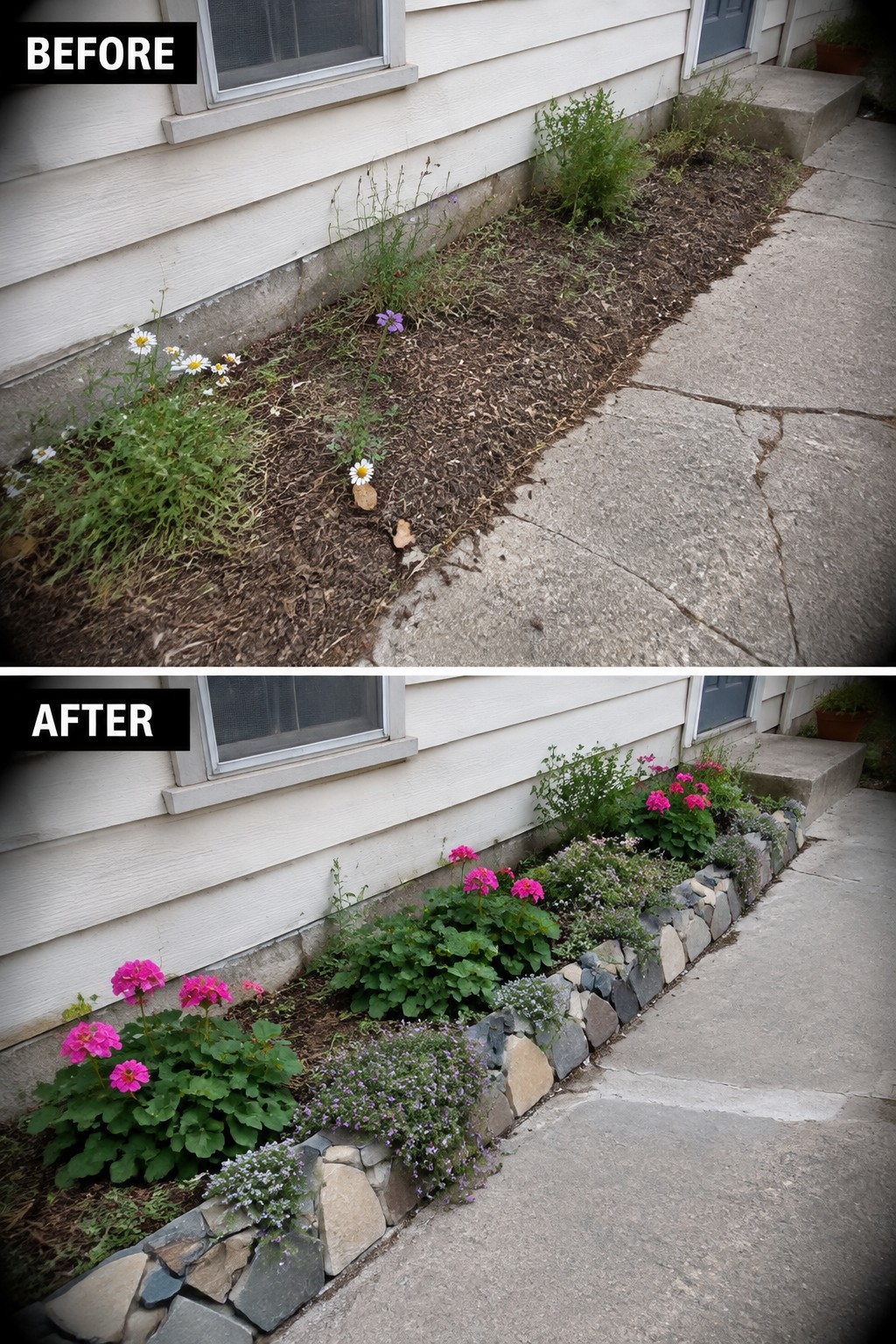 Before-and-after image of an overgrown flower bed along a house foundation turned into a neatly edged garden bed with pink flowers, low ground cover, and stacked natural stone borders.