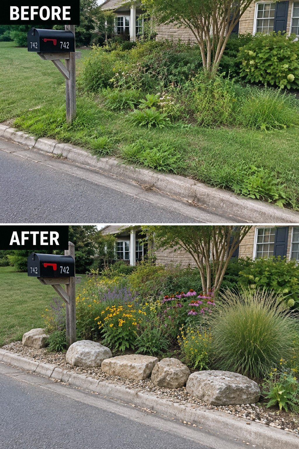 Before and after of mailbox: overgrown weeds versus colorful flowers, rocks and gravel border.