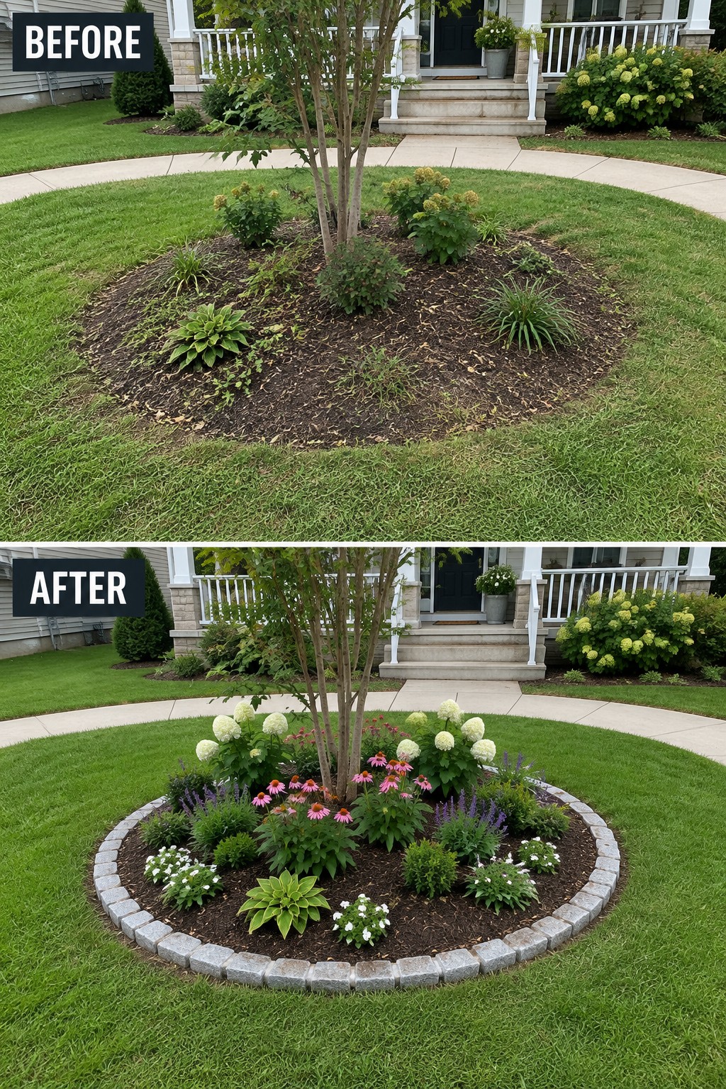 Before and after of tree bed with flowers and stone border in front yard