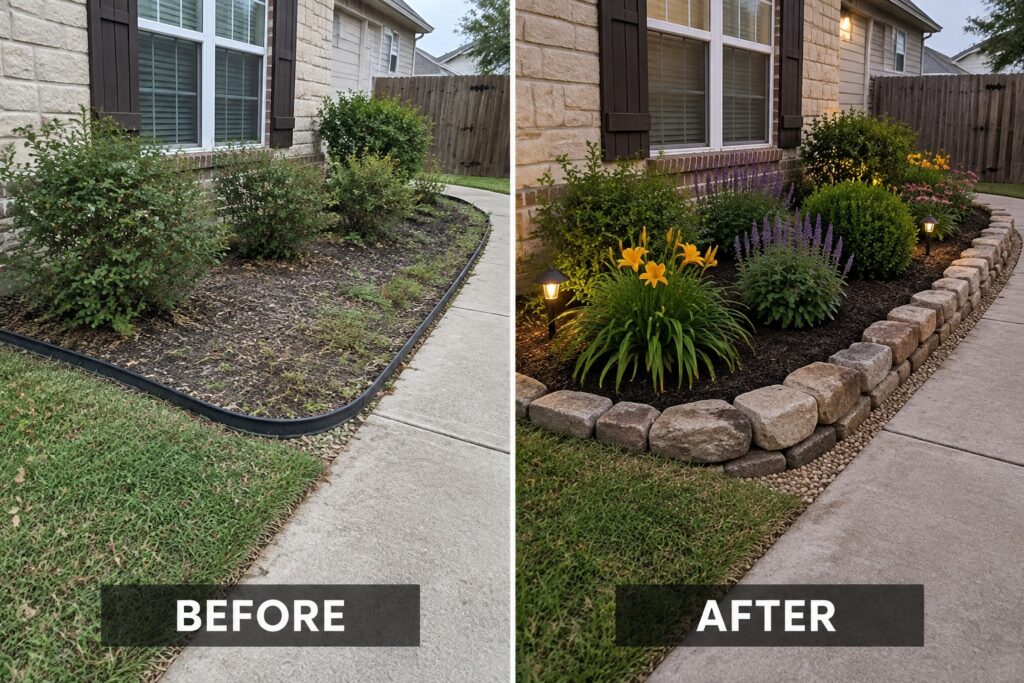 Before and after garden bed with stone border, plants, flowers and lights.