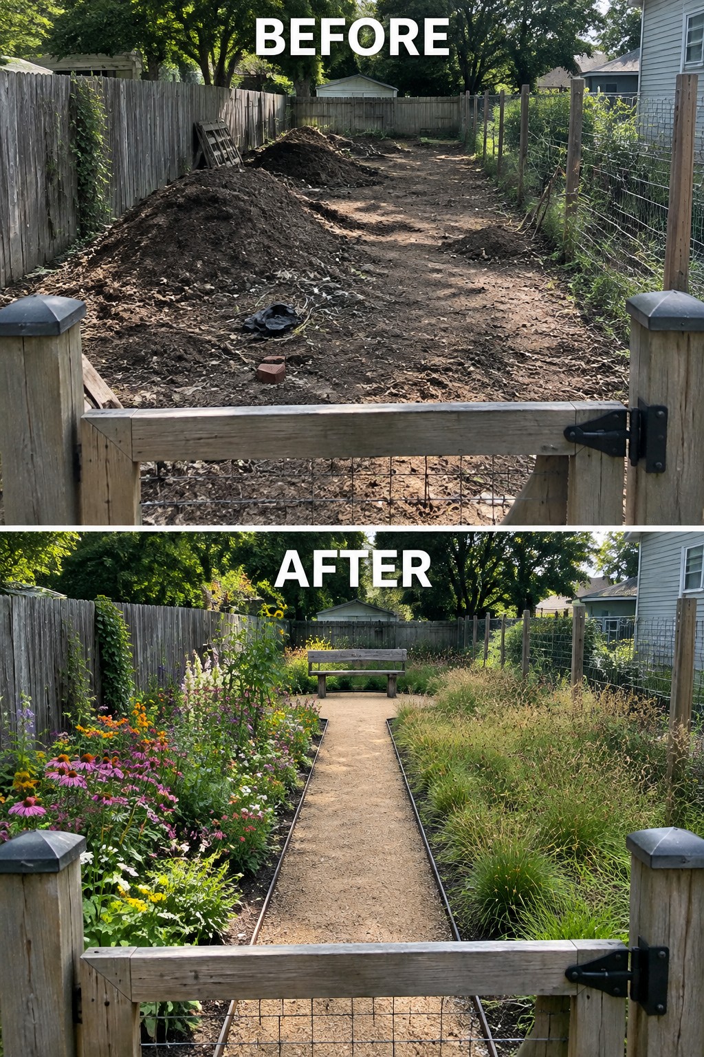 Before-and-after garden transformation with colorful flowers, bench, and wooden gate.