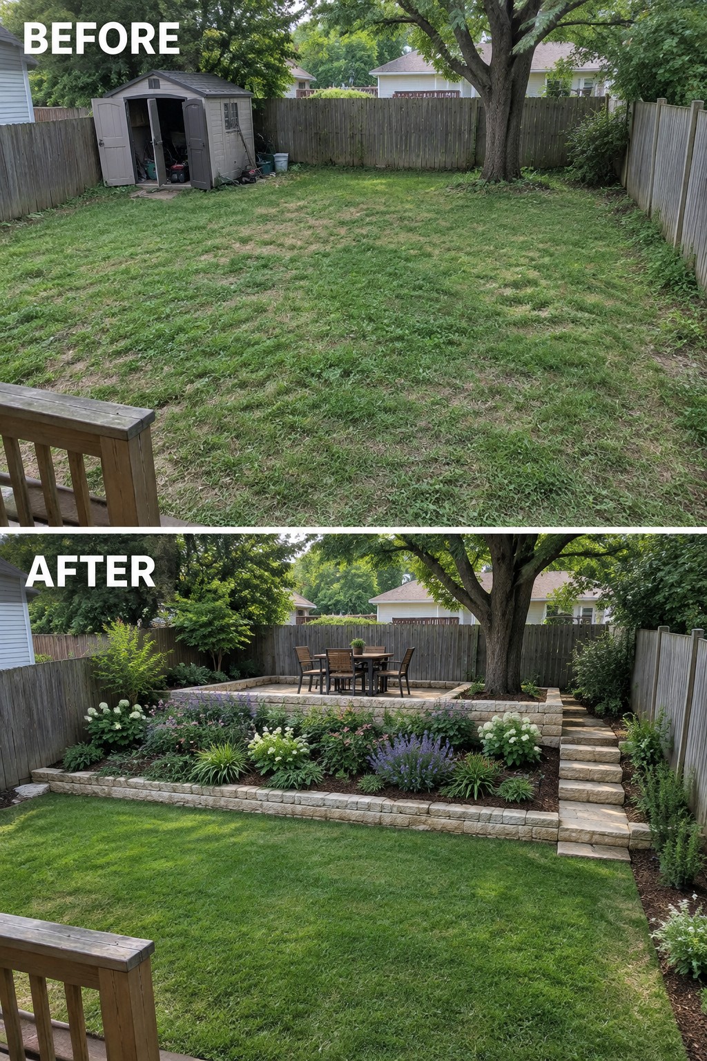Before and after backyard with new stone patio, garden beds, and seating.
