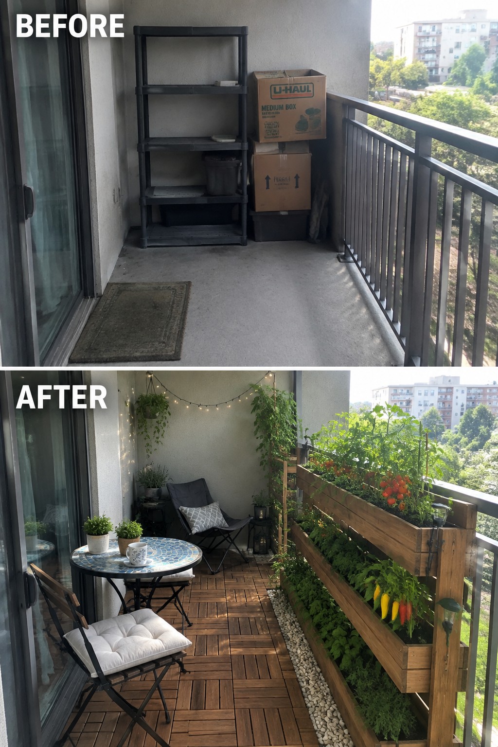 Before and after of cluttered balcony transformed into cozy deck with plants and furniture.