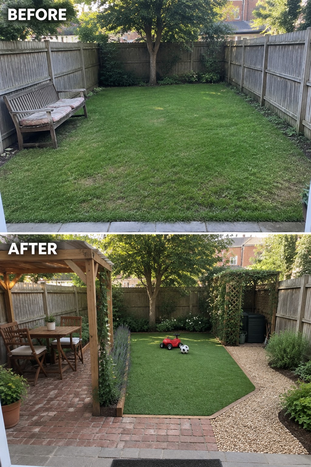 Before-and-after image of a plain backyard lawn changed into a zoned garden with a brick patio, wooden pergola, seating area, gravel paths, and a defined turf section.