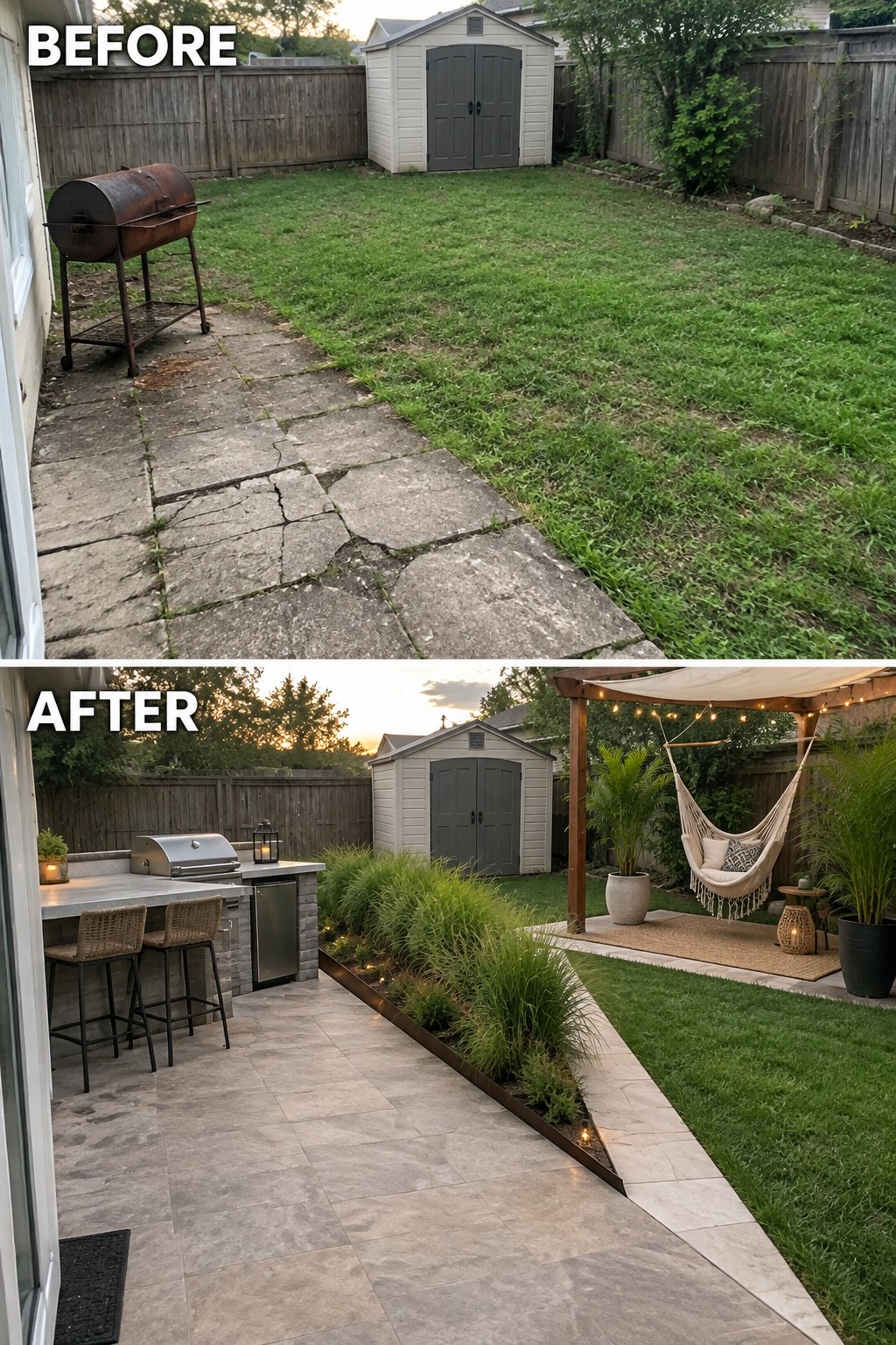Before and after backyard renovation showing rusty grill replaced by modern patio kitchen and hammock.