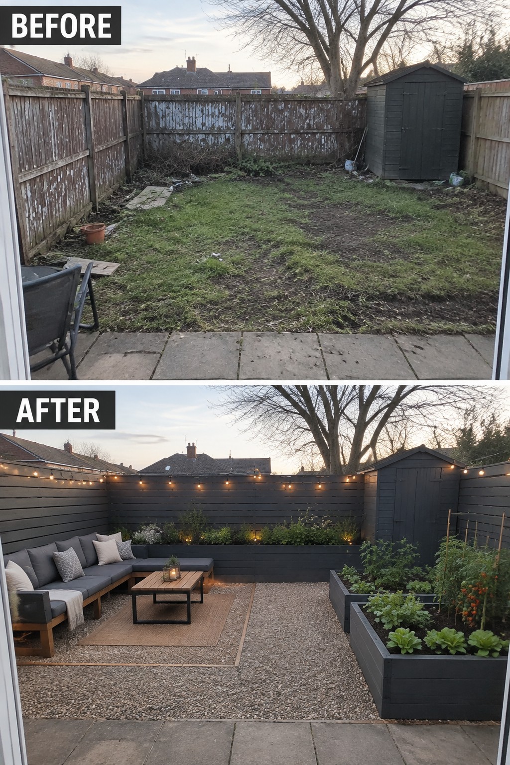 Before-and-after backyard transformation from overgrown mess to modern patio with seating and lights