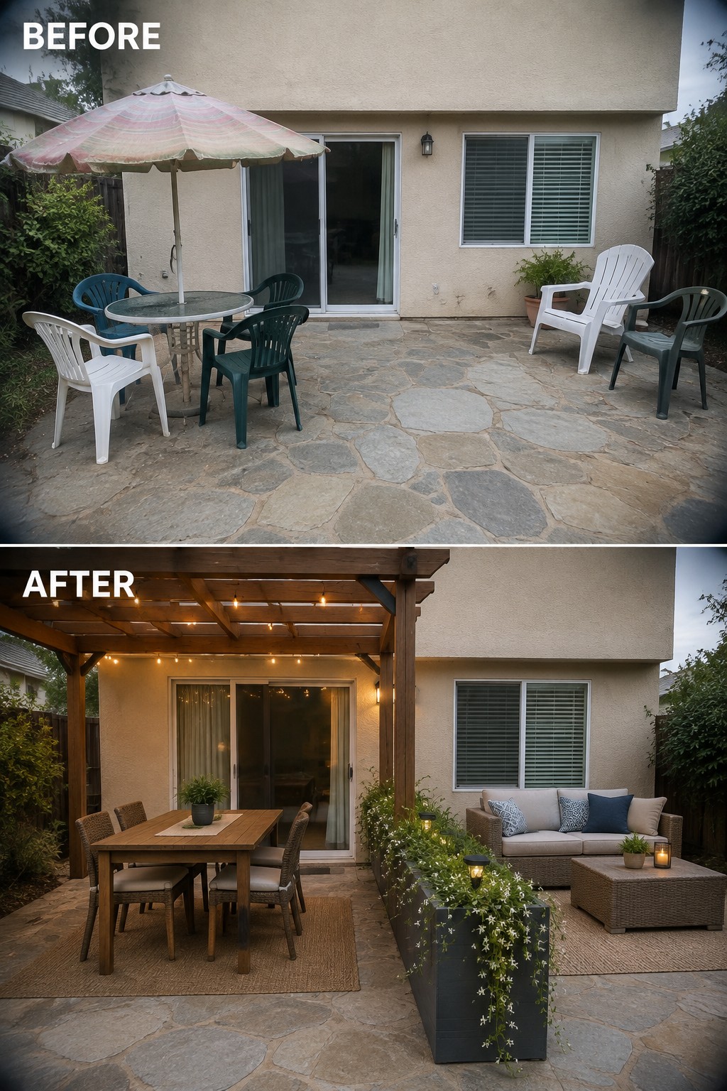 Before and after patio renovation with new pergola, lights, table and sofa.