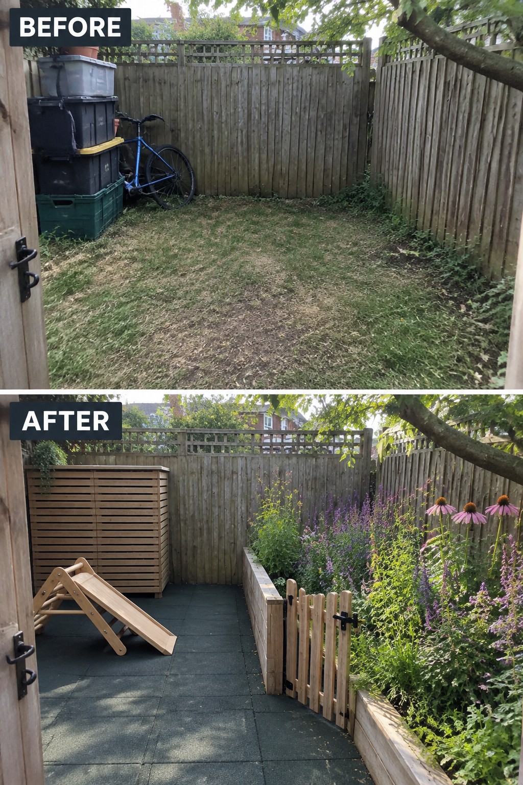 Before and after backyard makeover from overgrown lawn to play area with flowers and slide