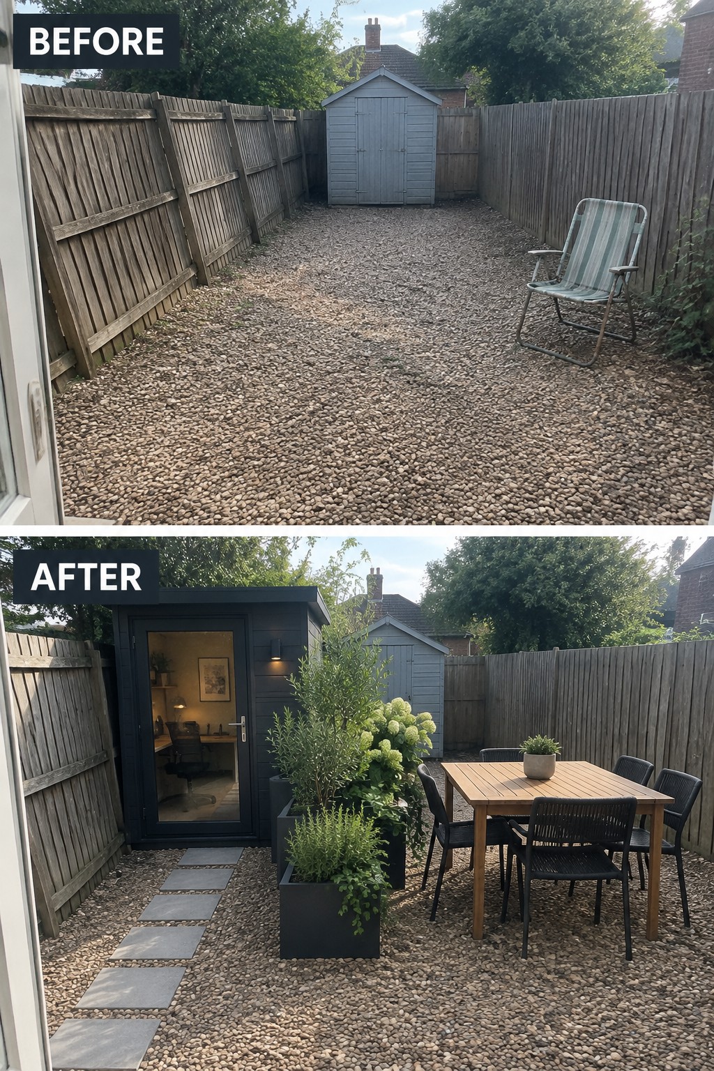 Before-and-after image of a gravel backyard transformed into a garden with an office shed, dining area, and defined zones created by a path and container plants.