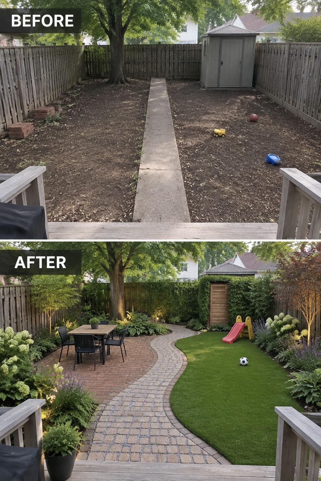 Before and after backyard with dirt path versus brick patio, lawn and garden beds