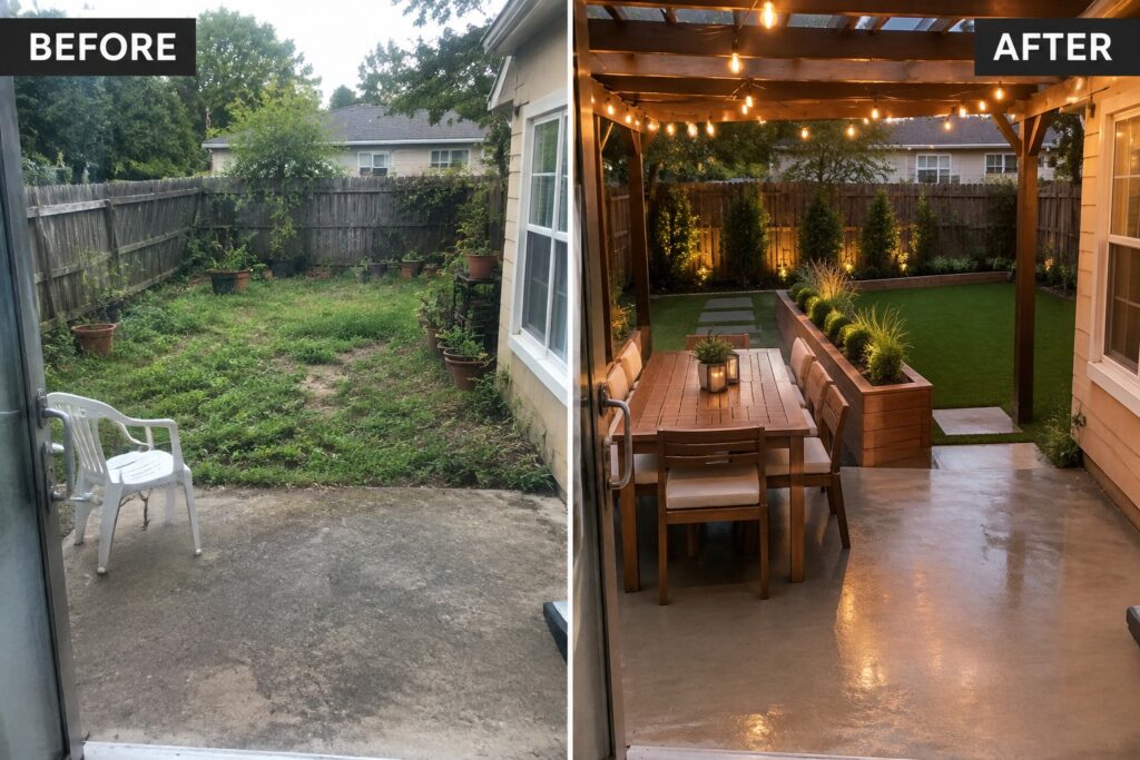 25 Inspiring Small Garden Makeover Ideas That Create Separate Functional Zones Before-and-after backyard: messy patio with plastic chair becomes pergola, lights, dining set, and turf.