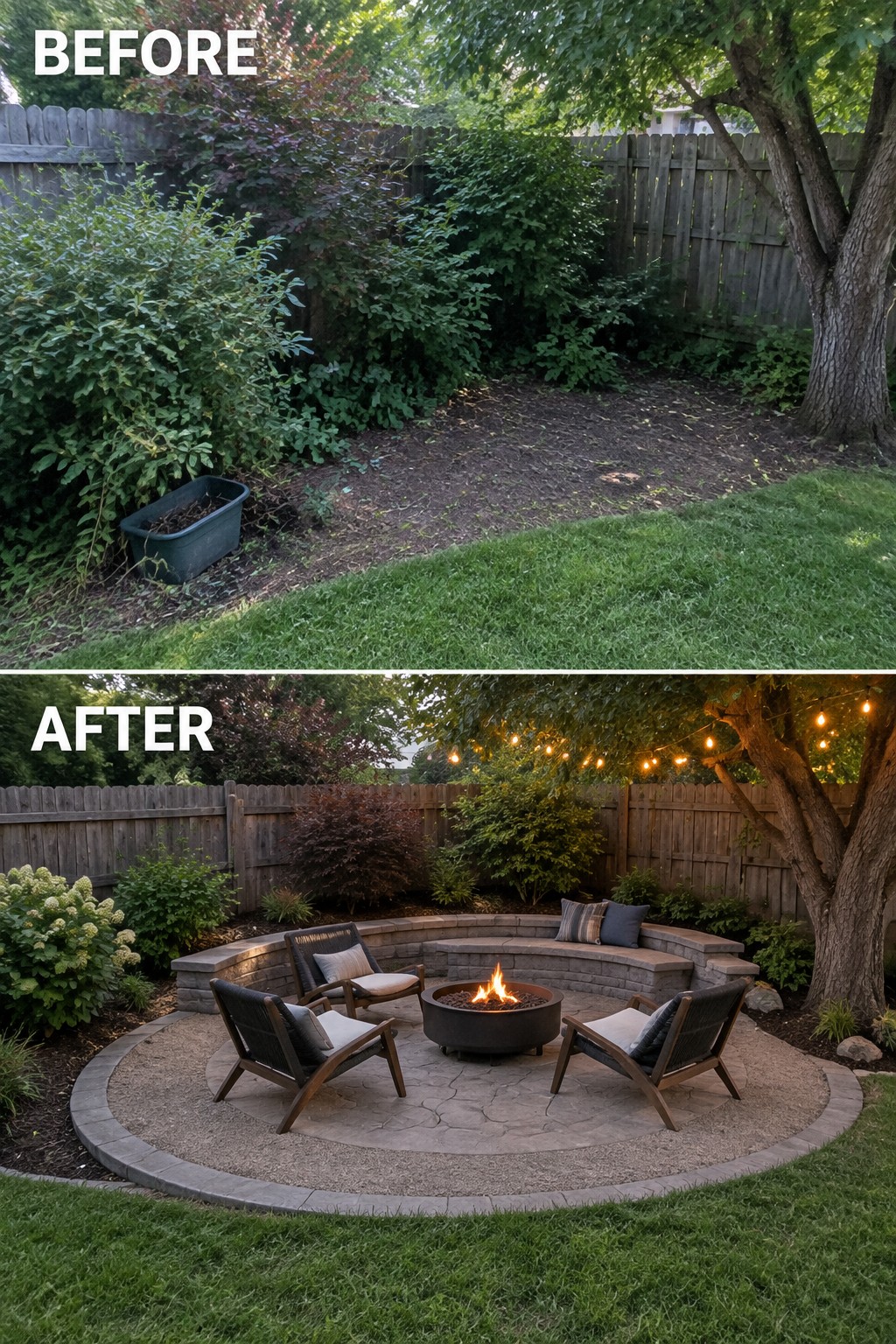 Before: overgrown yard with bushes; after: fire pit patio with string lights and chairs